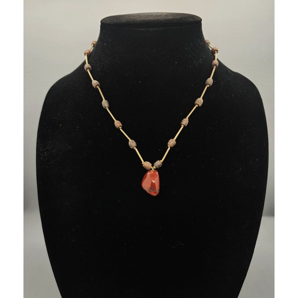 Natural Red Jasper Pendant Necklace Wood Bead Gold Tone Barrel Clasp